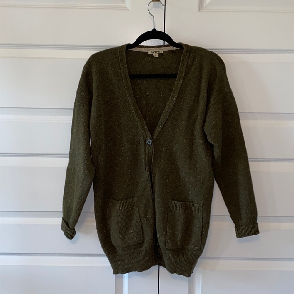 Barbour Green V-neck Lambswool Cardigan - size 12